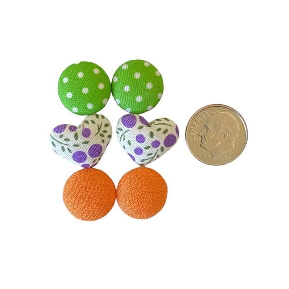 Cloth Bead Button Style Stud Earrings Floral Polka Dot Solid 3 Piece Set OSFM - Picture 3 of 3